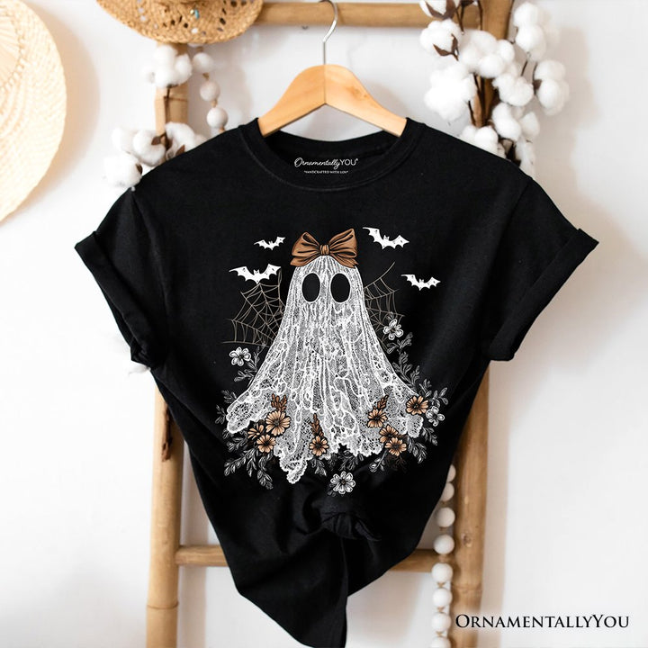 Cute Lace Ghost Coquette T-Shirt, Floral Vintage Halloween Tee T-Shirts OrnamentallyYou Black XS 