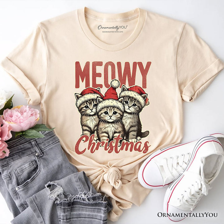 Cute Meowy Christmas T-Shirt, Baby Cat In Santa Hat Holiday Tee T-Shirts OrnamentallyYou Natural XS 