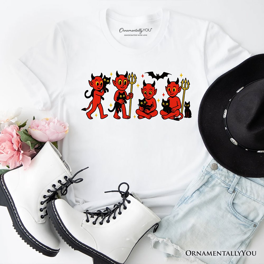 Cute Red Devils and Cats T-Shirt, Vintage Halloween Tee T-Shirts OrnamentallyYou White XS 