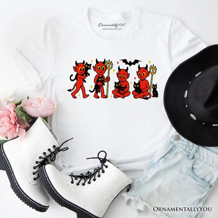 Cute Red Devils and Cats T-Shirt, Vintage Halloween Tee T-Shirts OrnamentallyYou White XS 