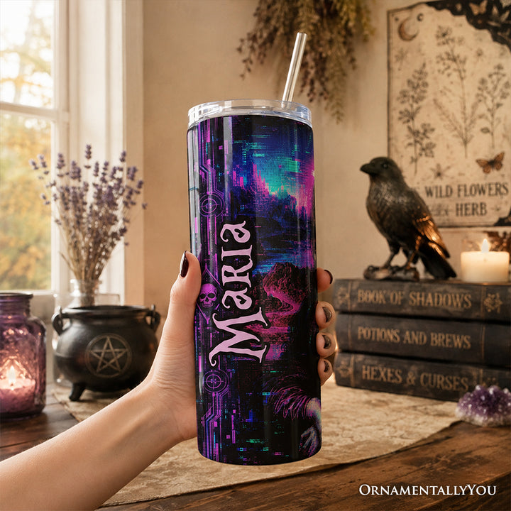 Cyberpunk Skeleton Mona Lisa Glitch 20oz Personalized Tumbler With Lid and Stainless Steel Straw, Neon Synthwave Art Gift Cup