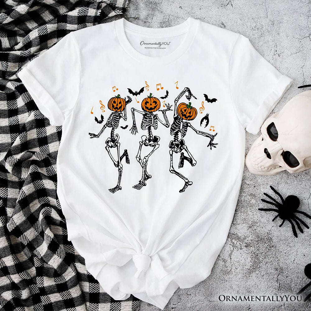 Dancing Skeletons with Pumpkin Head T-Shirt, Dry Bones Come Alive Halloween Fun Tee T-Shirts OrnamentallyYou White XS 