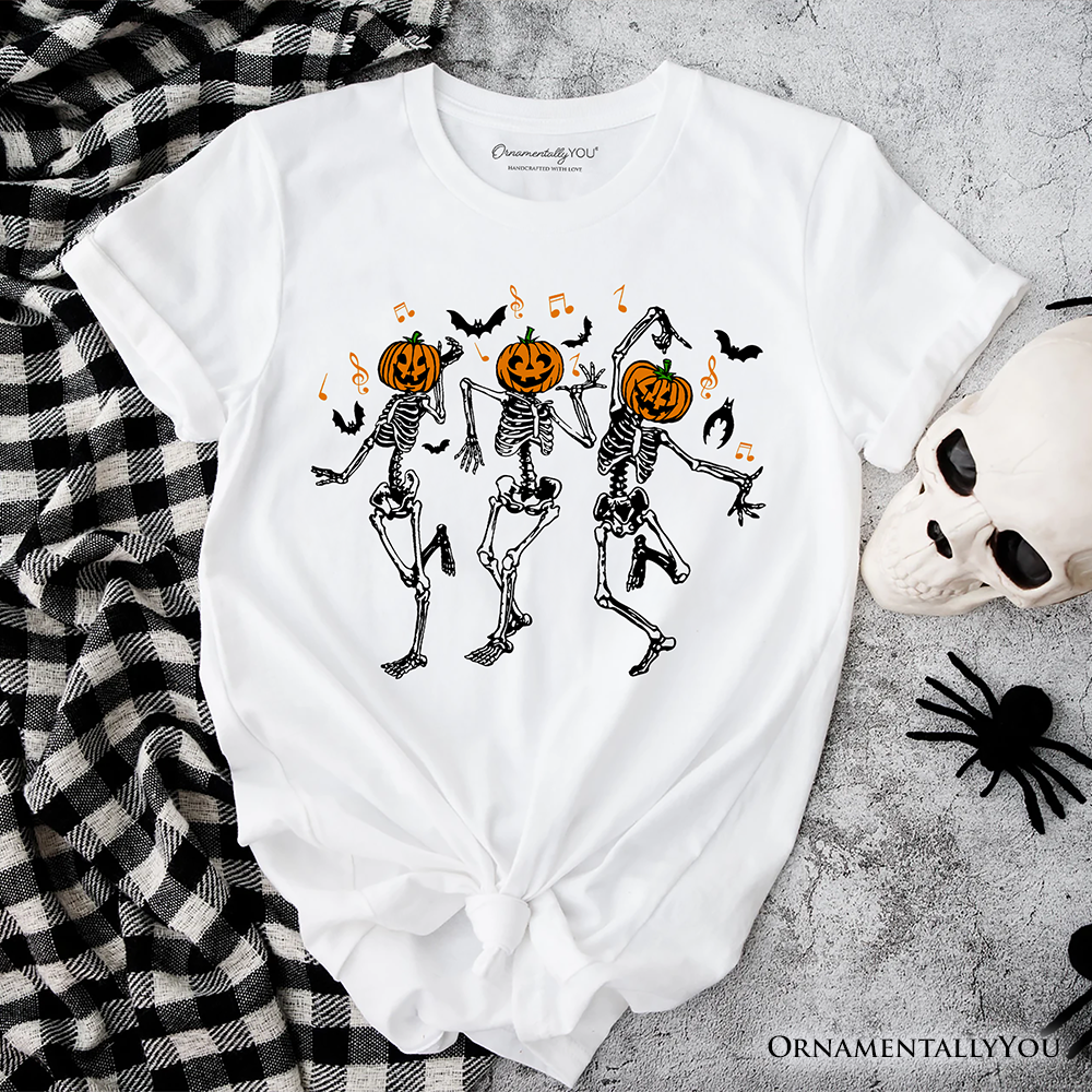 Dancing Skeletons with Pumpkin Head T-Shirt, Dry Bones Come Alive Halloween Fun Tee