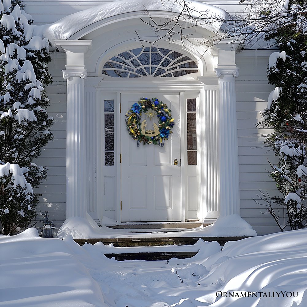 (Pre-Order) Decorous Nativity Christmas Wreath, Blue and Gold Ribbons and Poinsettias Birth of Christ Door Decoration Wreath OrnamentallyYou 