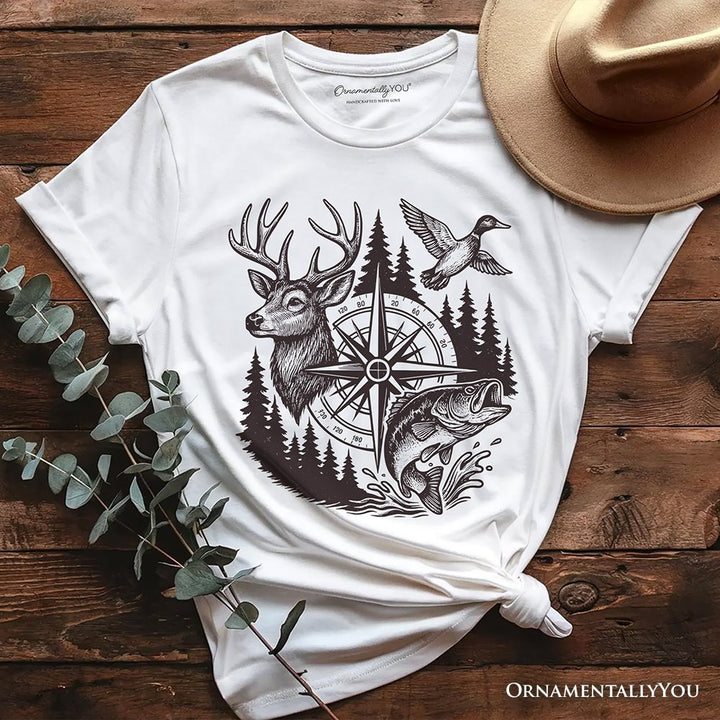 Deer Duck Fishing Hunting T-Shirt, Camo Vintage Compass Outdoors Tee T-Shirts OrnamentallyYou White XS 