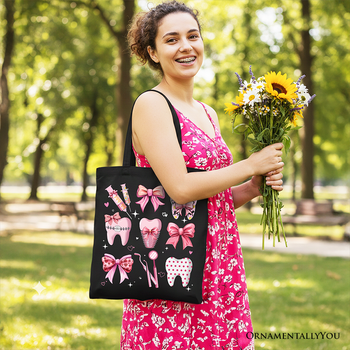 Dental Squad Coquette Canvas Tote Bag, Pink Teeth Dentist Life Bow Gift Shopper