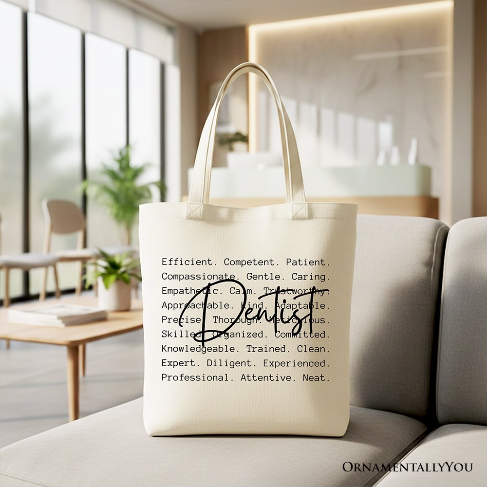 Dentist Definition Canvas Tote Bag, Dental Appreciation Words Gift Shopper Tote Bag OrnamentallyYou Beige 