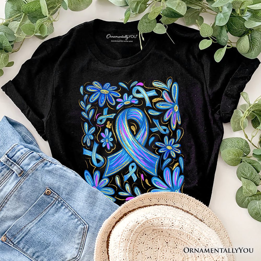 Diabetes Blue Ribbon Floral T-Shirt, Awareness Support Tee T-Shirts OrnamentallyYou Black XS 