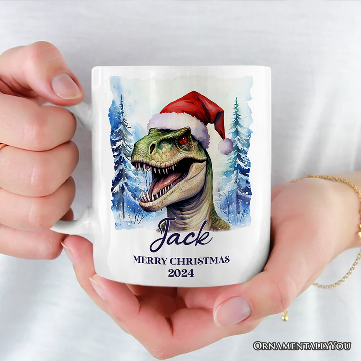 Dinosaur with Santa Hat Personalized Mug, Winter Forest Christmas Gift With Custom Name and Date