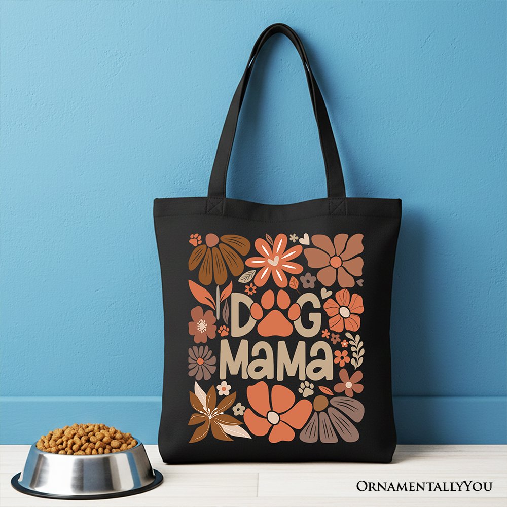 Dog Mama Boho Floral Canvas Tote Bag, Gift Shopper for Proud and Stylish Pet Lovers Tote Bag OrnamentallyYou Black 