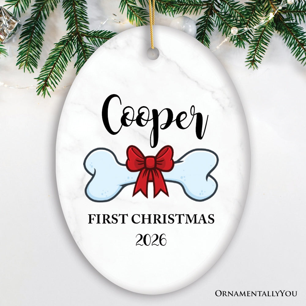 Dog Personalized Merry Woofmas Ornament With Bone, Custom Name and Date Puppy Gift Ceramic Ornament OrnamentallyYou Oval 