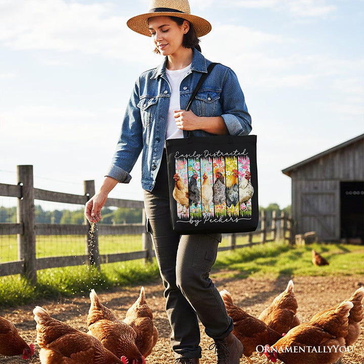 Easily Distracted by Peckers Chicken Farm Canvas Tote Bag, Funny Floral Farmlife Brushstroke Gift Shopper Tote Bag OrnamentallyYou 