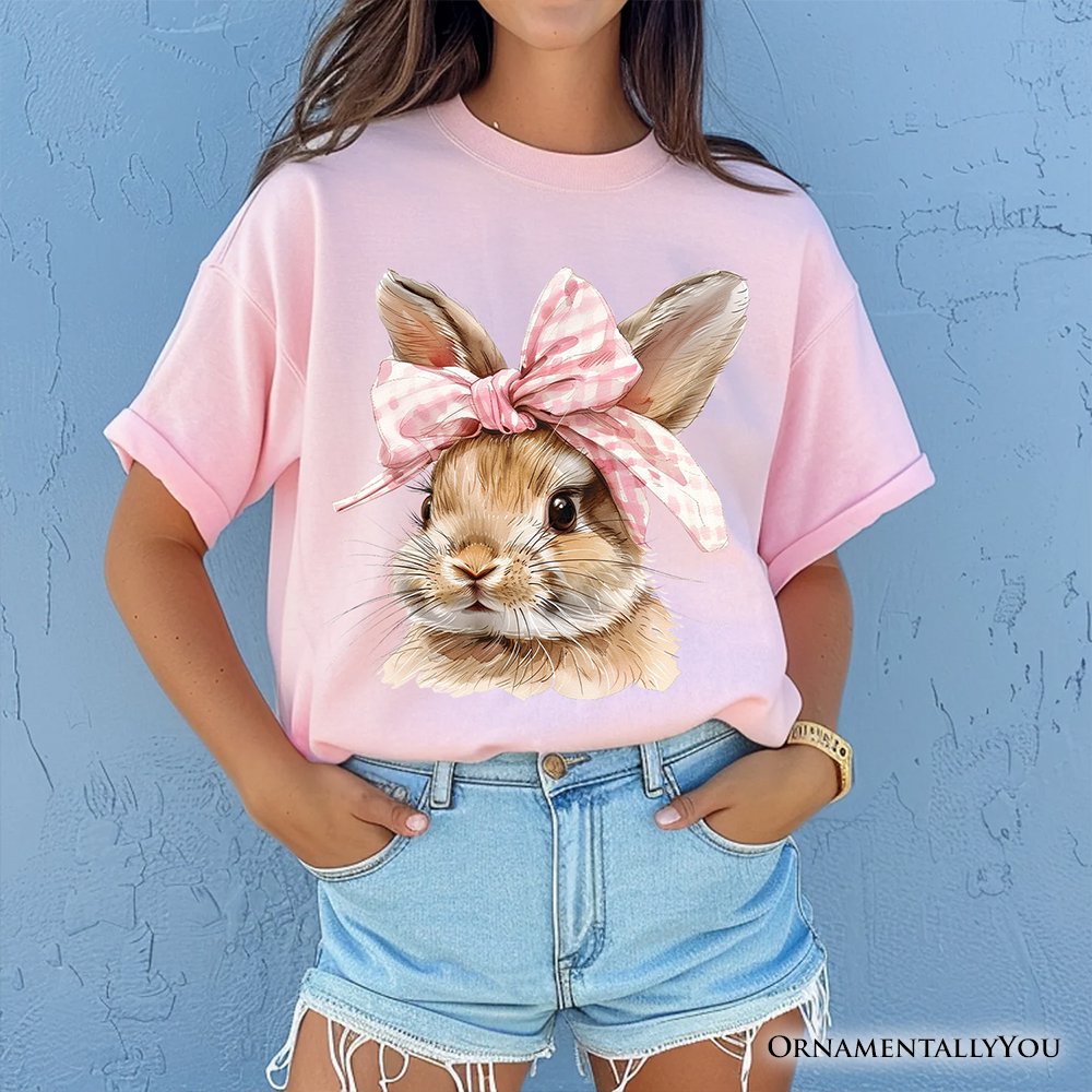 Easter Bunny Coquette Pink Bow T-Shirt, Cute Watercolor Spring Tee T-Shirts OrnamentallyYou 
