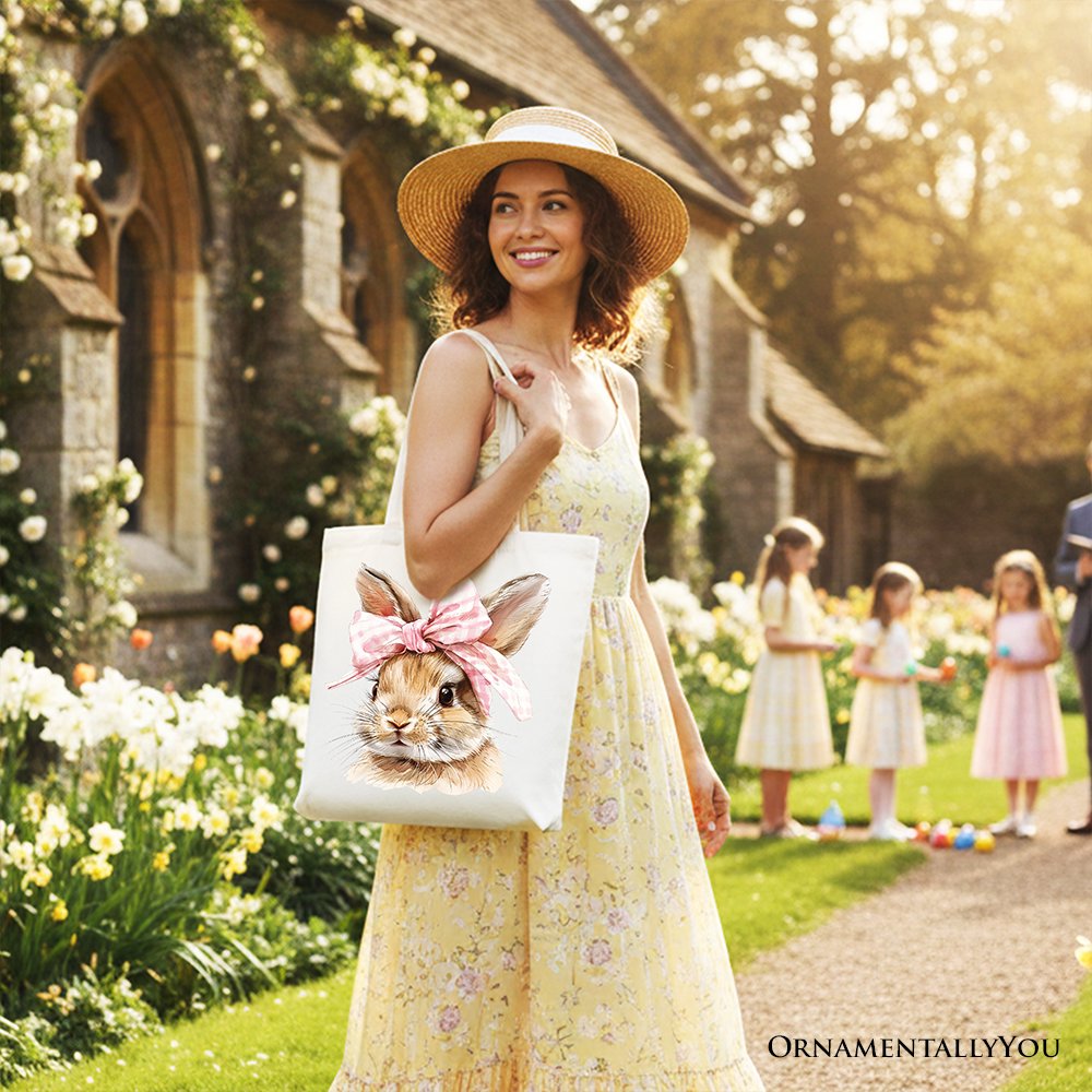Easter Bunny Coquette Pink Bow Tote Bag, Cute Watercolor Gift Shopper Tote Bag OrnamentallyYou 
