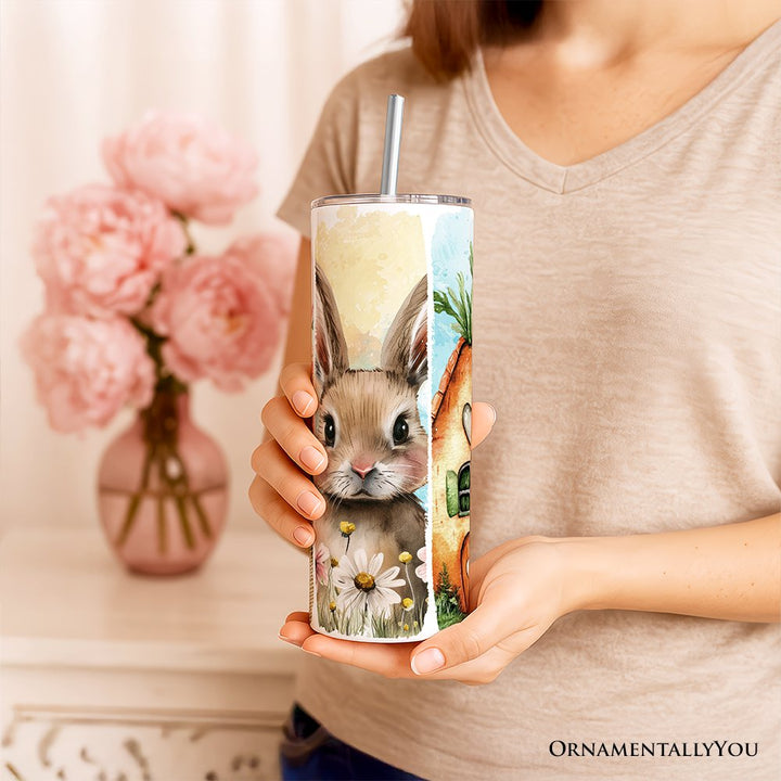Easter Bunny Floral Brushstroke 20oz Personalized Tumbler With Lid and Stainless Steel Straw, Spring Pastel Coquette Travel Mug Gift Tumbler OrnamentallyYou 