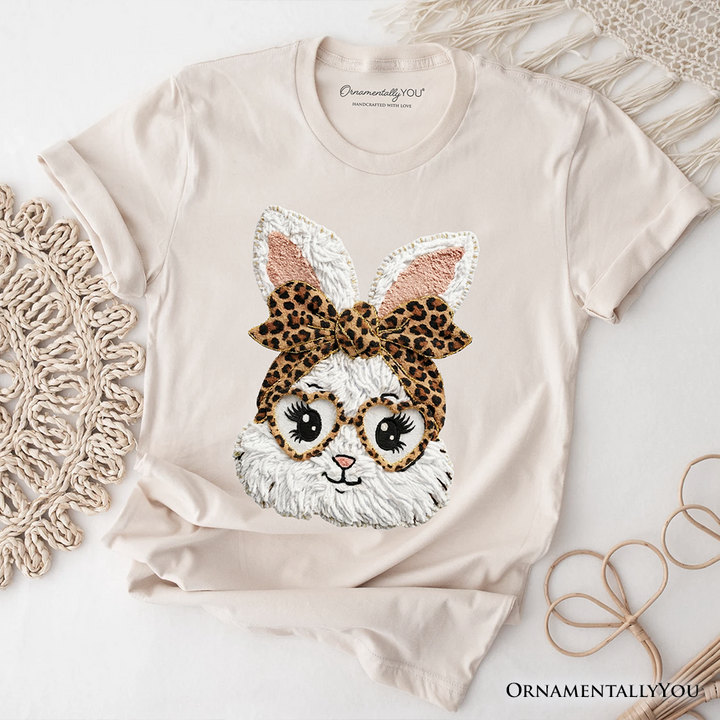 Easter Bunny Leopard Bow T-Shirt, Coquette Printed Faux Embroidery Girly Spring Tee