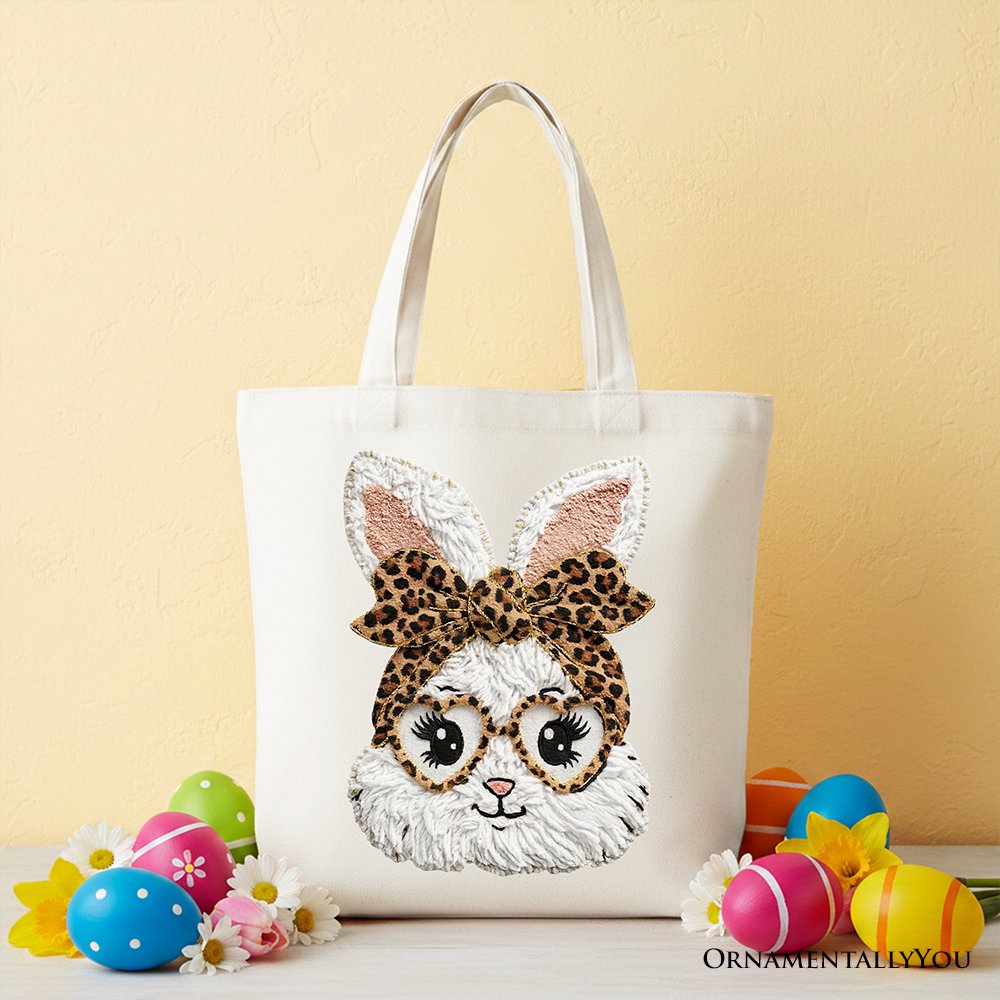Easter Bunny Leopard Bow Tote Bag, Coquette Printed Faux Embroidery Girly Spring Gift Shopper Tote Bag OrnamentallyYou White 