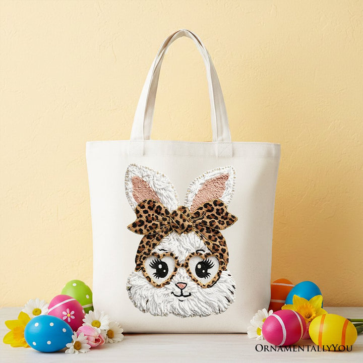 Easter Bunny Leopard Bow Tote Bag, Coquette Printed Faux Embroidery Girly Spring Gift Shopper Tote Bag OrnamentallyYou White 