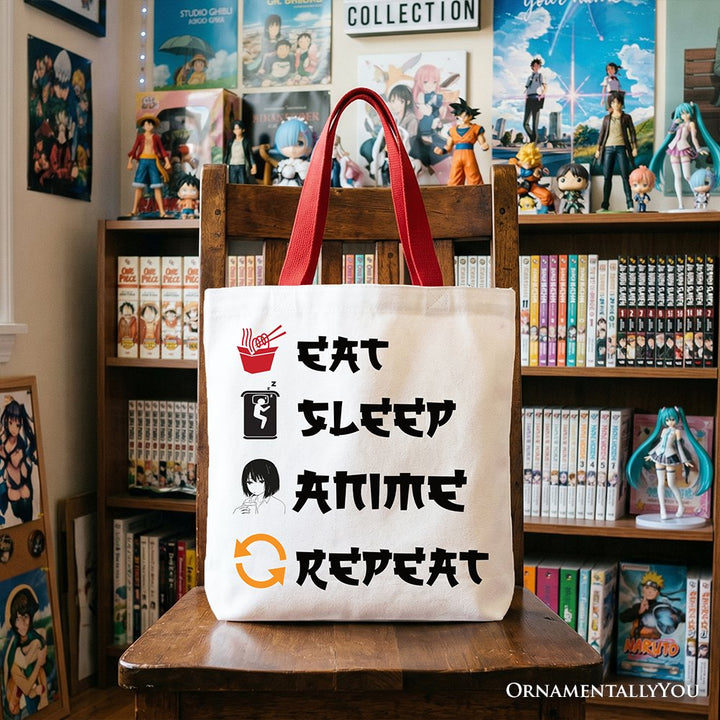 Eat Sleep Anime Repeat Tote Bag, Funny Gift Shopper For Anime Lover Tote Bag OrnamentallyYou Red Handle 