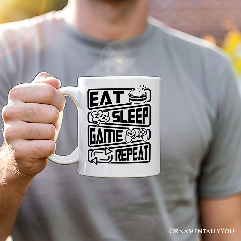 Eat Sleep Game Repeat Personalized Mug, Funny Gamer Gift With Custom Name