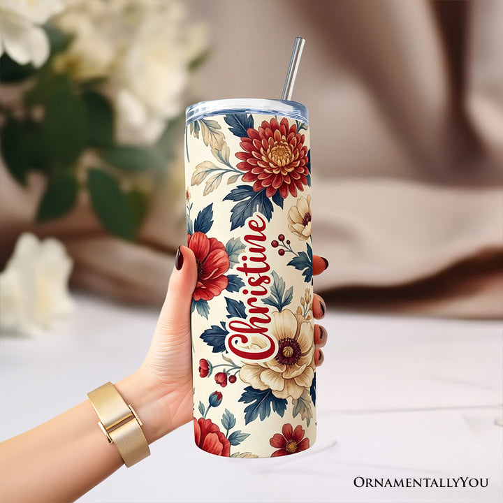 Elegant Red and Cream Flowers 20oz Personalized Tumbler With Lid and Stainless Steel Straw, Classic Floral Pattern Gift Cup