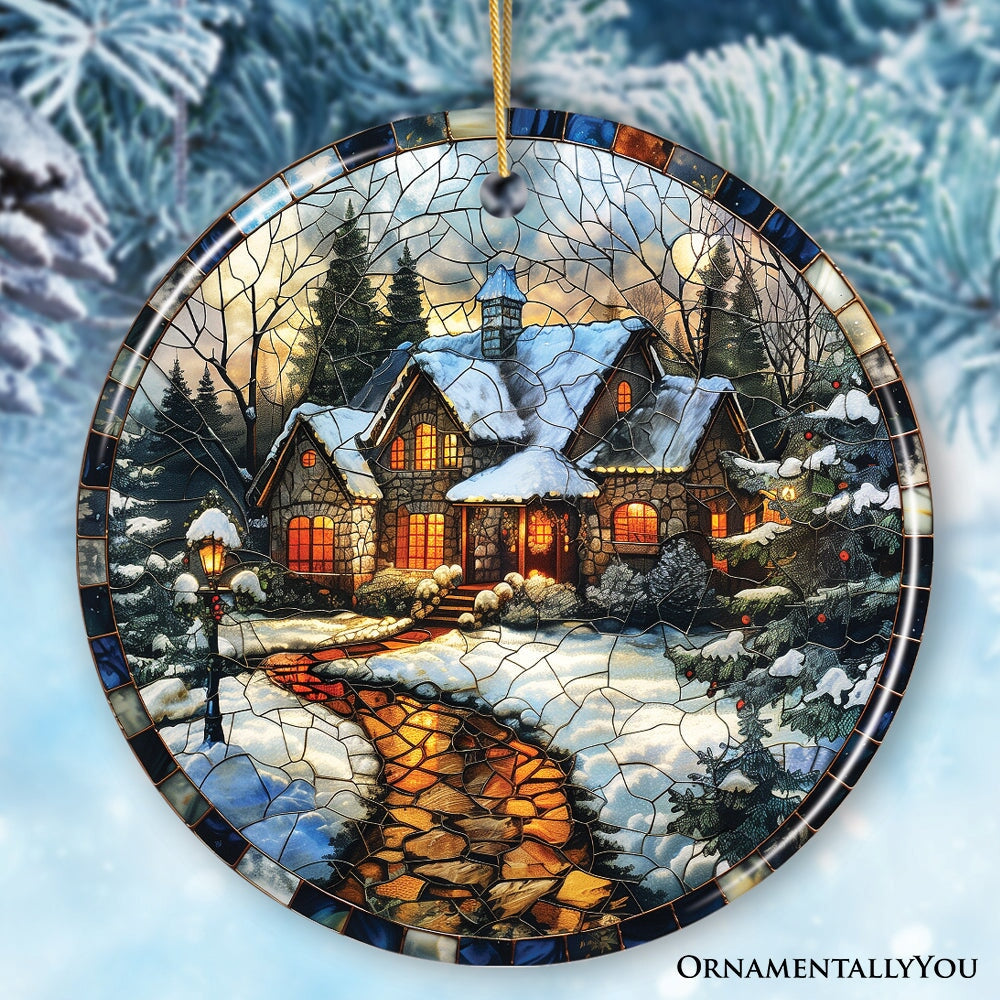 Elegant Rustic Winter Cabin Stained Glass Themed Ceramic Christmas Ornament, Vintage Tree Decoration Ceramic Ornament OrnamentallyYou 