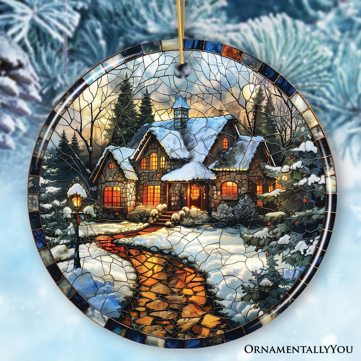 Elegant Rustic Winter Cabin Stained Glass Themed Ceramic Christmas Ornament, Vintage Tree Decoration Ceramic Ornament OrnamentallyYou 