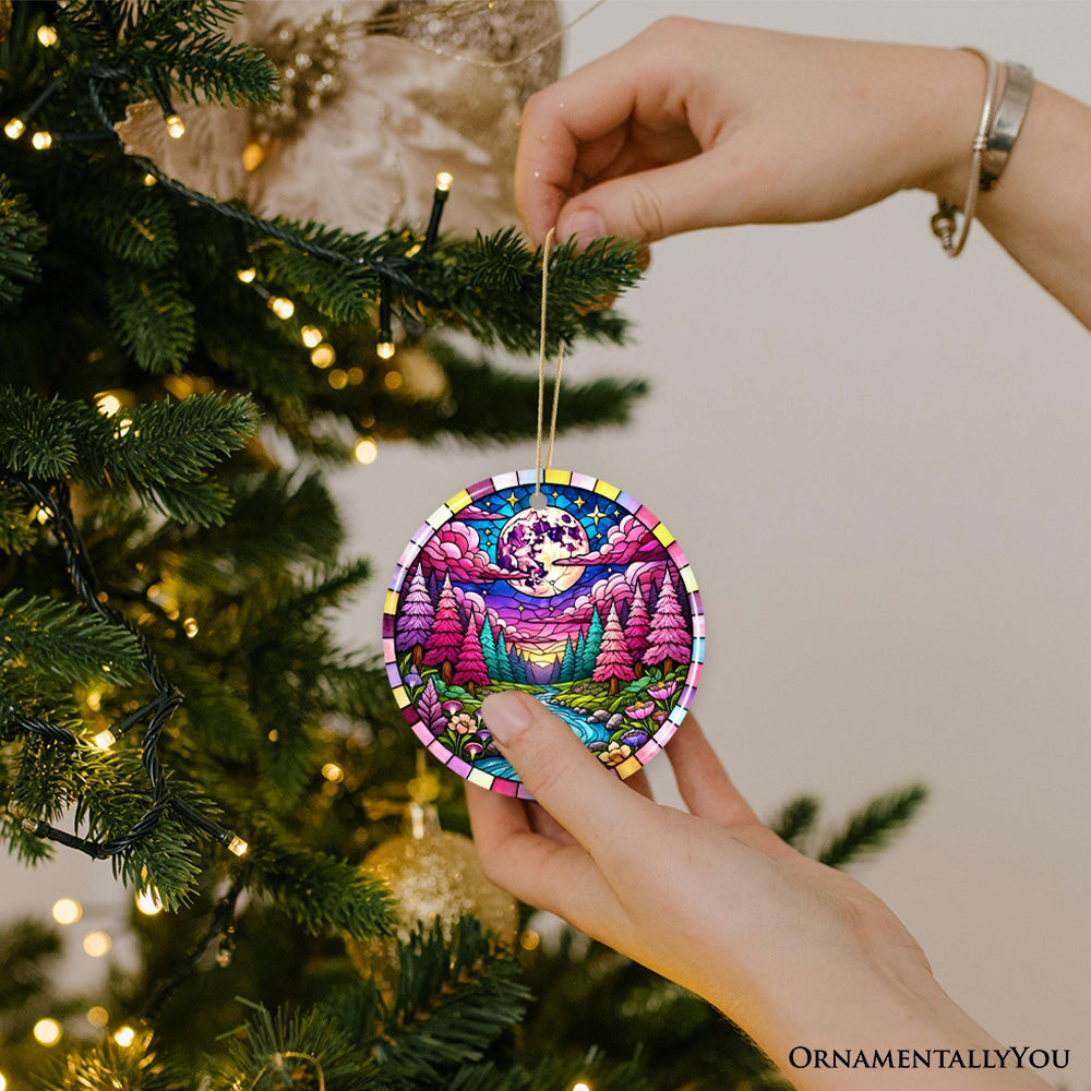 Enchanted Forest Glow Pink Themed Ornament, Mystical Moonlit Landscape Gift and Decor Ceramic Ornament OrnamentallyYou 