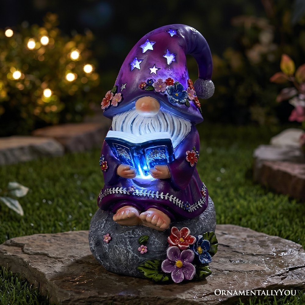 Enchanted Wisdom Solar Book Reader Gnome Figurine, 8" Lighted Lavender Purple Garden Statue Resin Statues OrnamentallyYou 