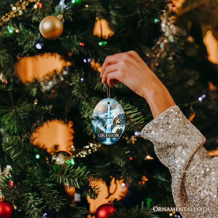 Enchanting Oregon Multnomah Falls Winter Ornament, Pacific Northwest Waterfall Christmas Gift and Nature Tree Decor