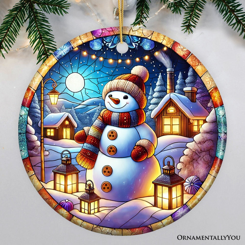 Enchanting Snowman with Cozy Lantern in Winter Village Ceramic Ornament for Decor and Gift Ceramic Ornament OrnamentallyYou Circle Version 2 