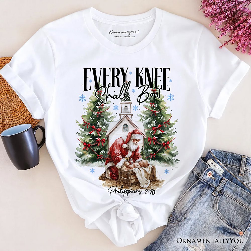 Every Knee Shall Bow Nativity Santa T-Shirt, Jesus Philippians 2:10 Christian Christmas Tee T-Shirts OrnamentallyYou White XS 