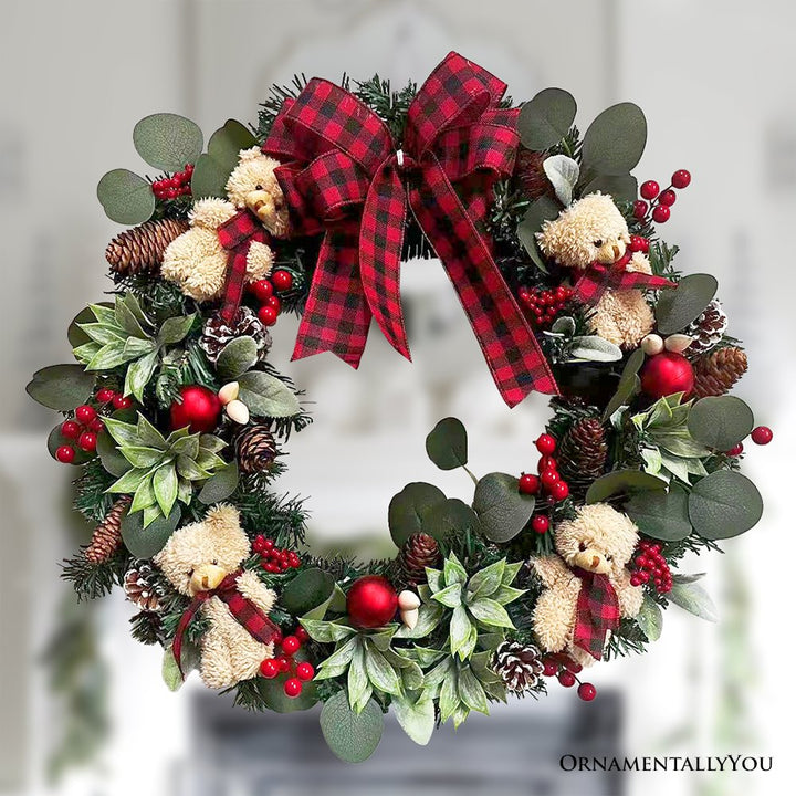 (Pre-Order) Exquisite Plaid Bow and Bears 20" Christmas Wreath, Holiday Door Decoration Wreath OrnamentallyYou 