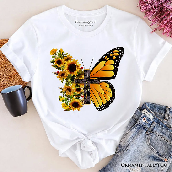 Faith Cross Butterfly T-Shirt, Christian Sunflower Floral Tee T-Shirts OrnamentallyYou White XS 