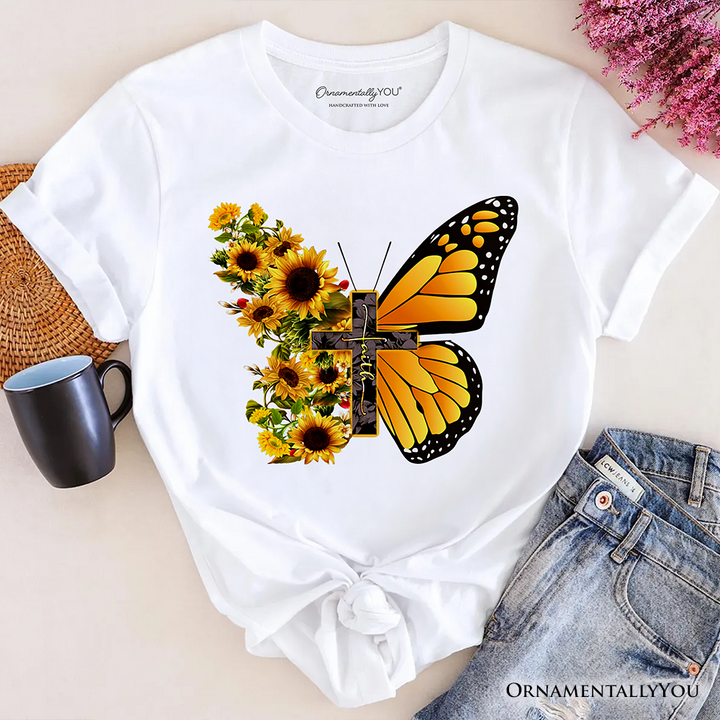 Faith Cross Butterfly T-Shirt, Christian Sunflower Floral Tee