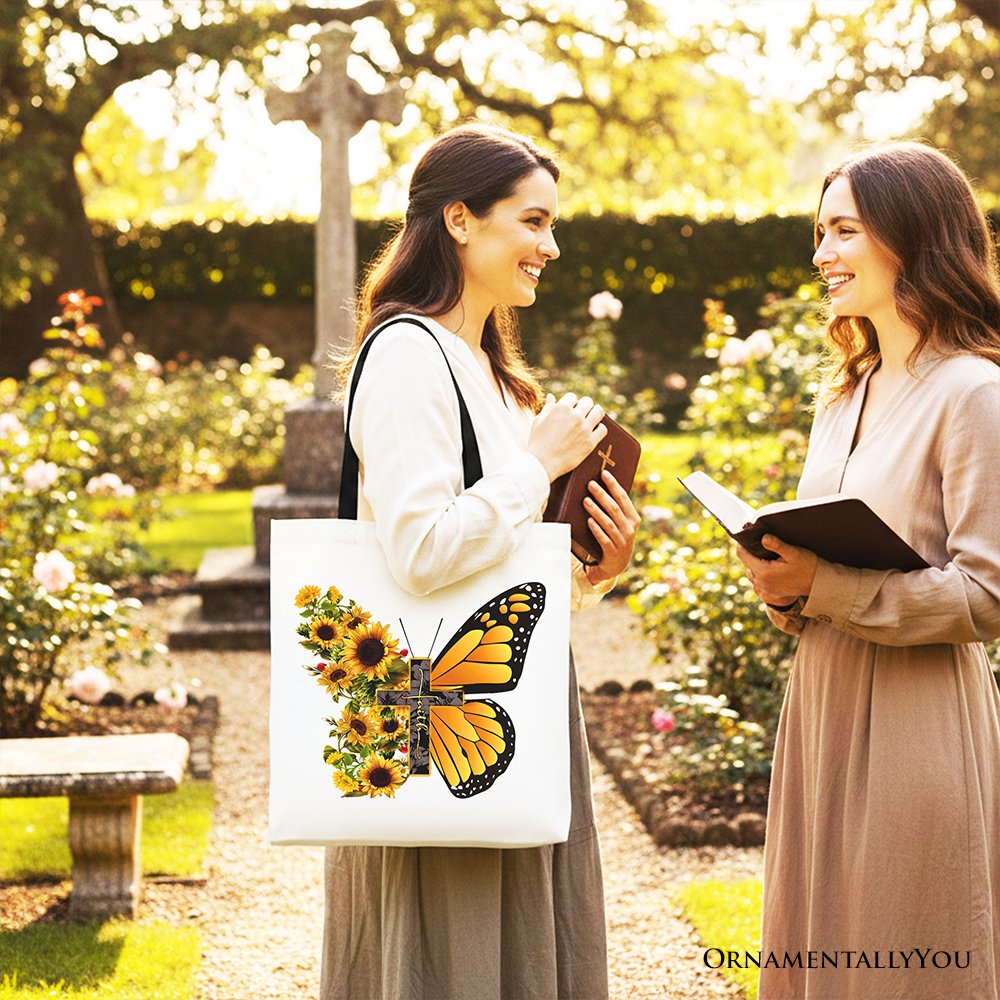 Faith Cross Butterfly Tote Bag, Christian Sunflower Floral Gift Shopper Tote Bag OrnamentallyYou 