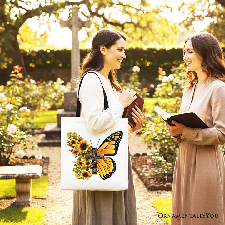 Faith Cross Butterfly Tote Bag, Christian Sunflower Floral Gift Shopper Tote Bag OrnamentallyYou 
