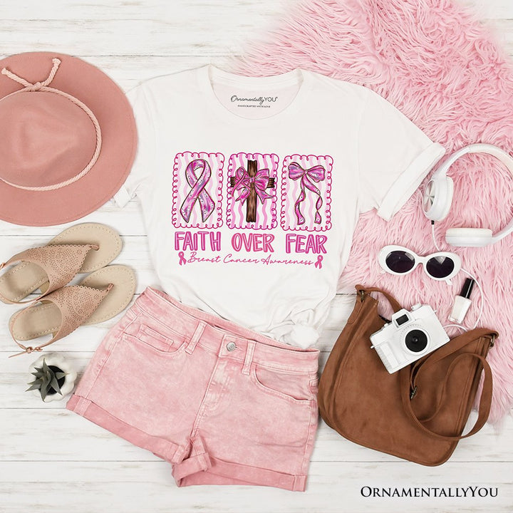 Faith Over Fear Breast Cancer Christian T-Shirt, Pink Ribbon Awareness Tee T-Shirts OrnamentallyYou White XS 