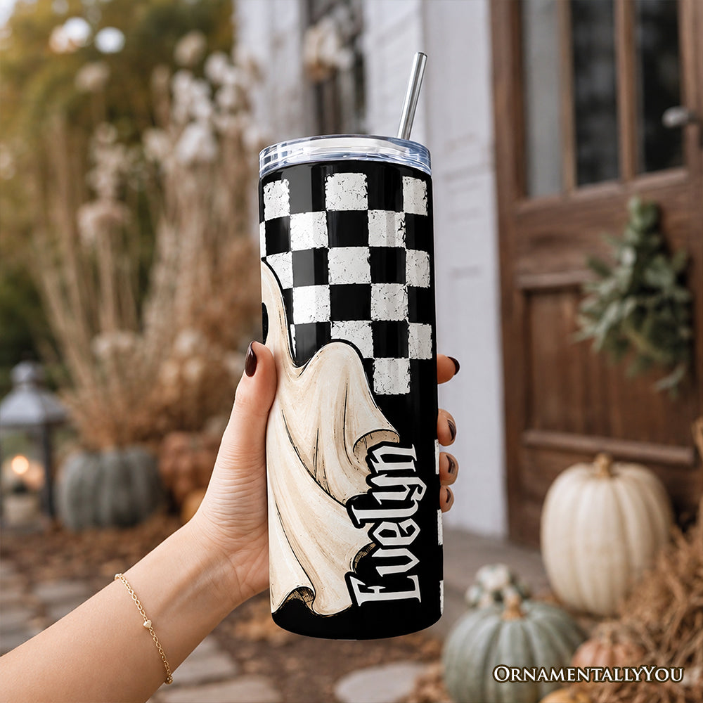Fall Ghost Checkerboard 20oz Personalized Tumbler With Lid and Stainless Steel Straw, Floral Halloween Season Gift Cup