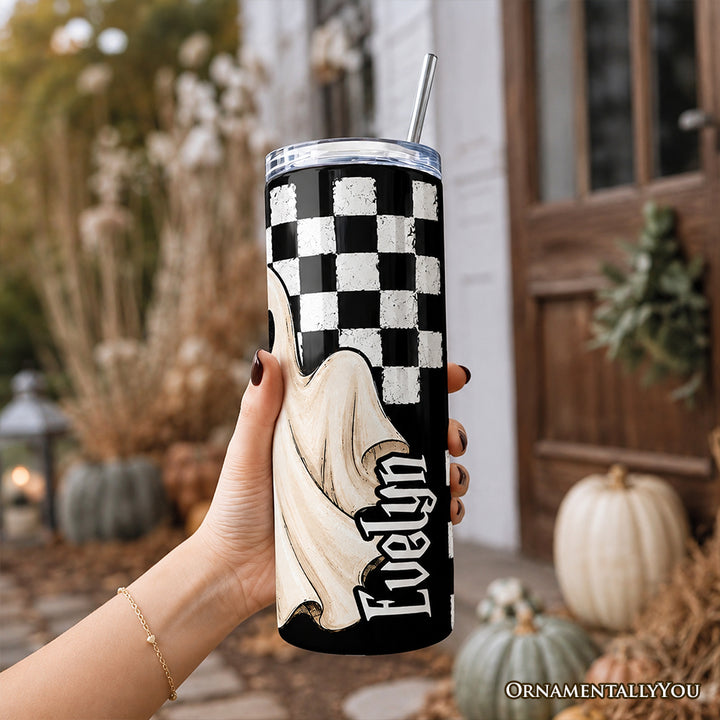 Fall Ghost Checkerboard 20oz Personalized Tumbler With Lid and Stainless Steel Straw, Floral Halloween Season Gift Cup