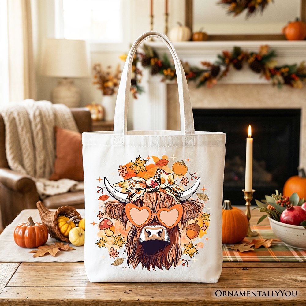 Fall Highland Cow Tote Bag, Messy Bun Howdy Gift Shopper with Autumn Vibes Tote Bag OrnamentallyYou White 