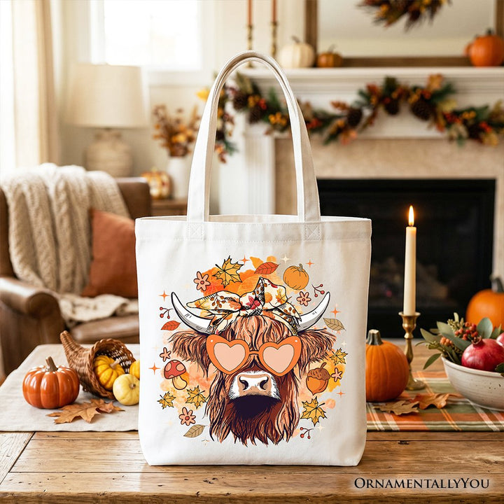 Fall Highland Cow Tote Bag, Messy Bun Howdy Gift Shopper with Autumn Vibes Tote Bag OrnamentallyYou White 