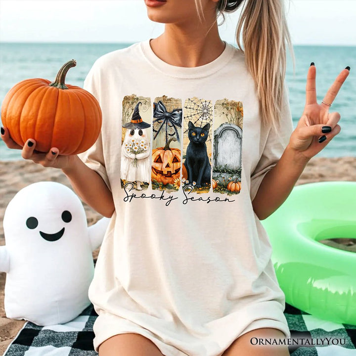 Fall Spooky Season Brushstroke T-Shirt, Coquette Vintage Ghost, Cat and Pumpkin Tee T-Shirts OrnamentallyYou 