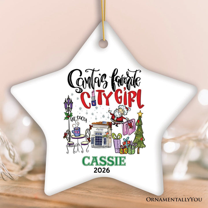 Fashion Santa's Favorite City Girl Personalized Christmas Ornament, Adventurous Urban Lifestyle Custom Gift Ceramic Ornament OrnamentallyYou Star 