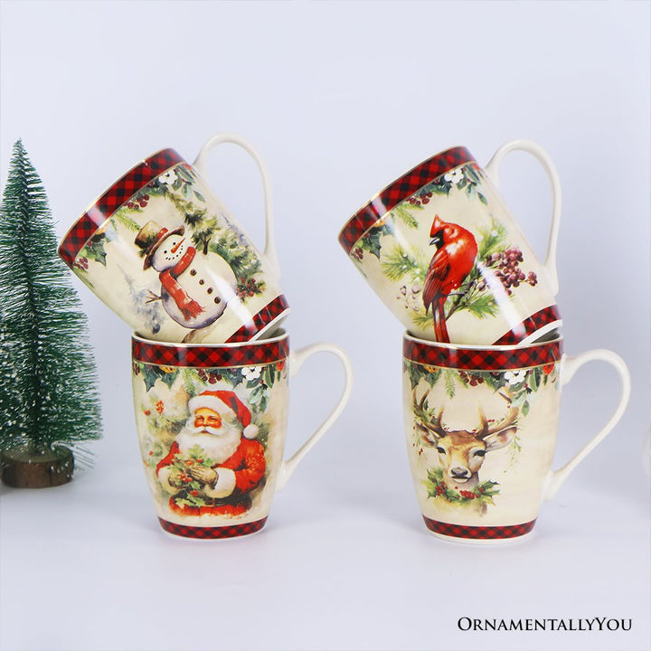 (Pre-Order) Festive Country Plaid Set of 4 Ceramic Mugs with Real Gold Trim, Christmas Kitchen Coffee Cup Gift with Santa, Cardinal, Deer, and Snowman Mug Sets OrnamentallyYou 