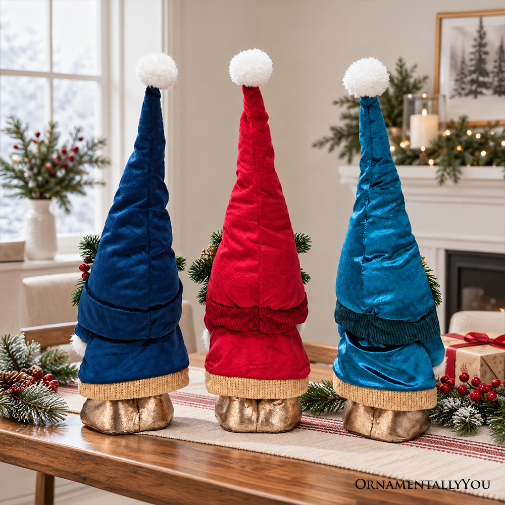 Festive Poinsettia Plush Gnome Set of 3, Blue Red and Teal 21" Christmas Decor with Present and Teddy Bear