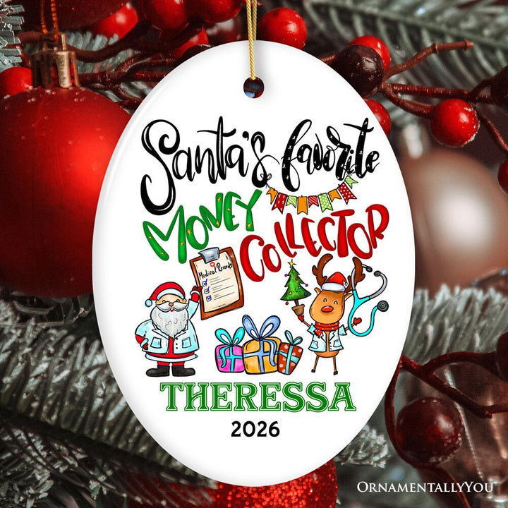 Festive Santa’s Favorite Money Collector Personalized Christmas Ornament, Handler and Collections, Finance Specialists Gift Ceramic Ornament OrnamentallyYou Oval 