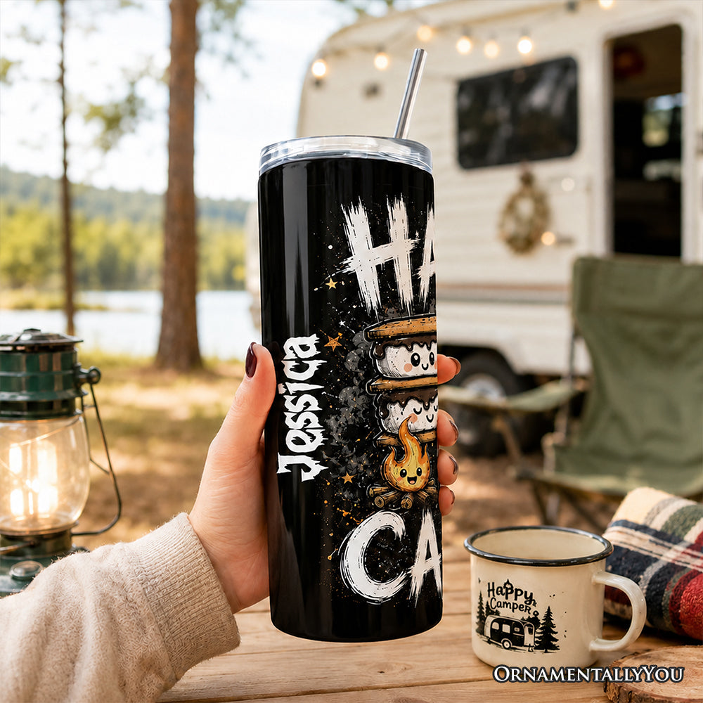Fireside Snacks Happy Camper 20oz Personalized Tumbler With Lid and Stainless Steel Straw, Funny Outdoor Campfire Gift Cup