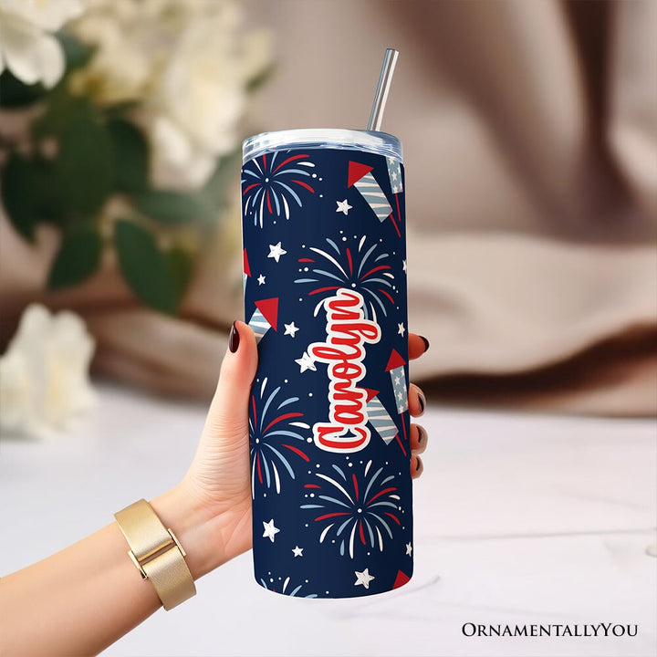 Fireworks USA Block Letters 20oz Personalized Tumbler With Lid and Stainless Steel Straw, Vintage July 4th Patriotic Gift Cup Tumbler OrnamentallyYou 