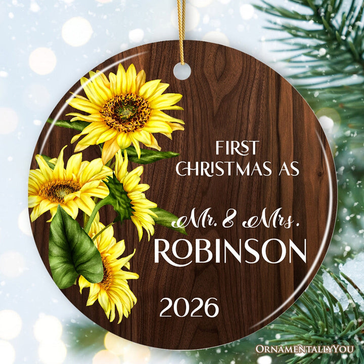 First Christmas as Mr and Mrs Rustic Sunflower Personalized Christmas Ornament, Wedding Couple Gift Ceramic Ornament OrnamentallyYou 